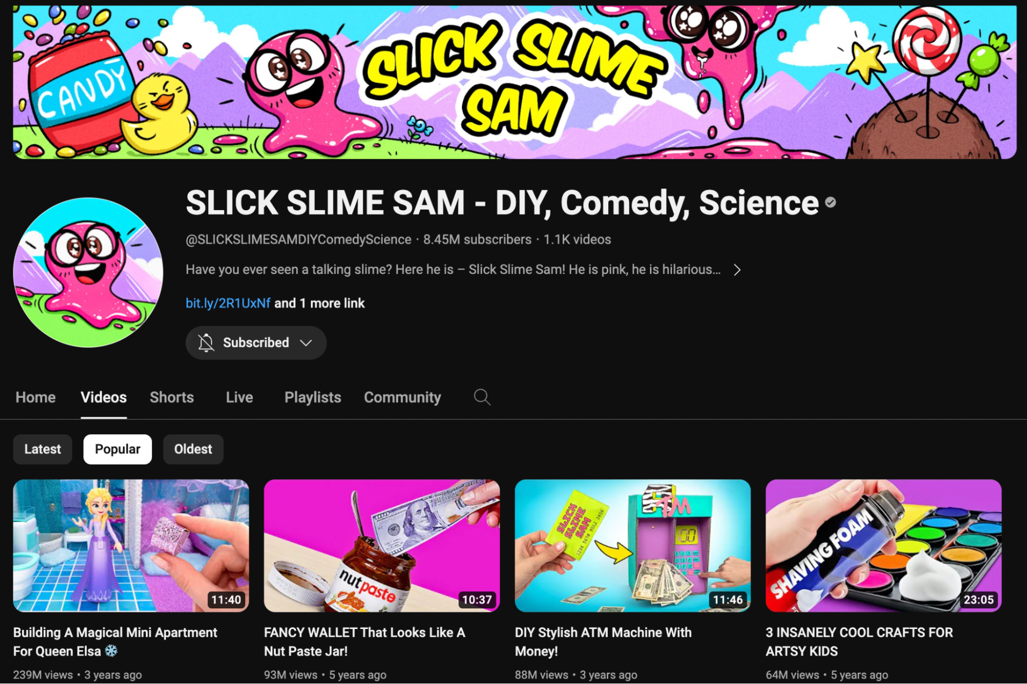The Slick Slime Sam's YouTube channel page for kids