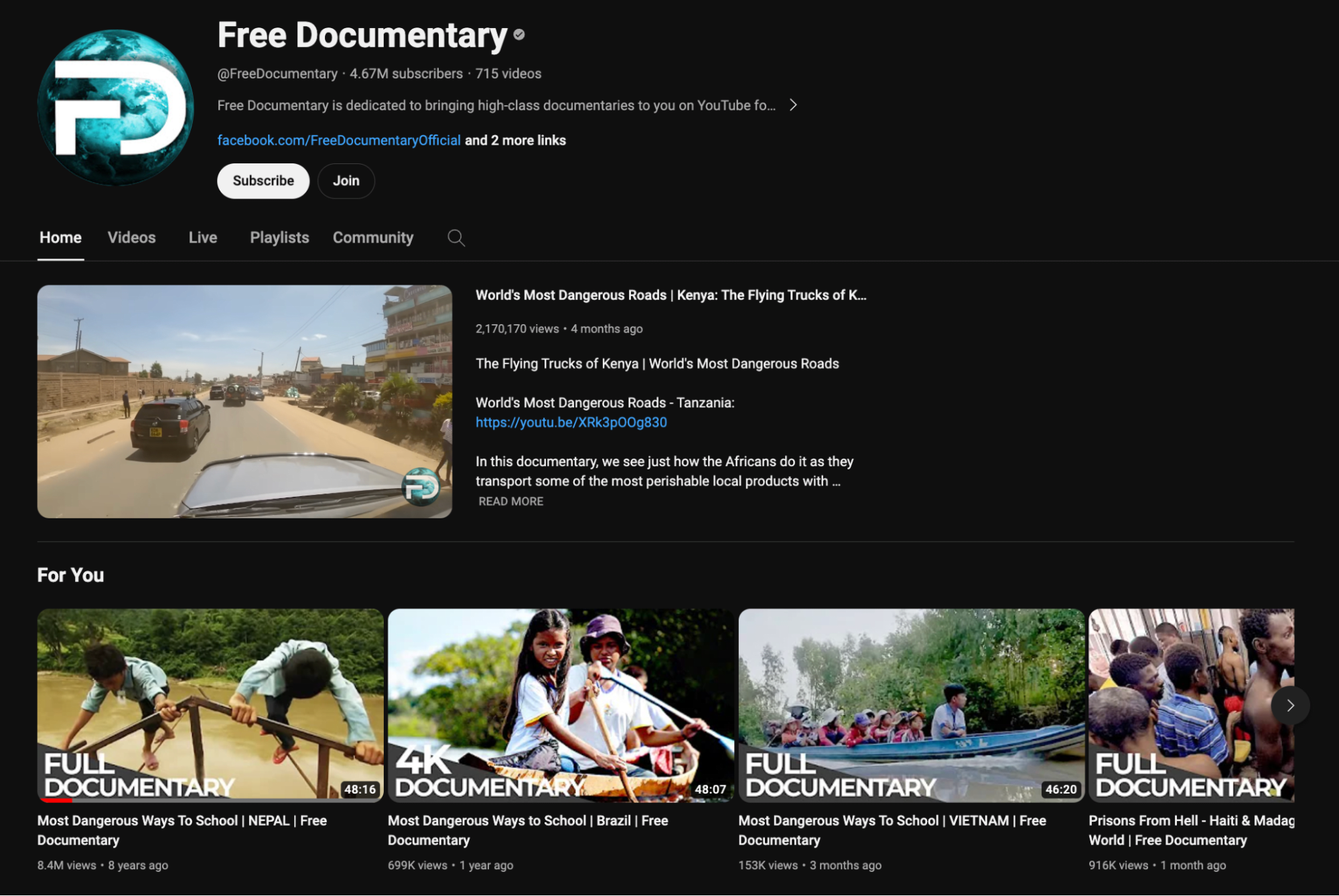 screenshot of Free Documentary's youtube channel page