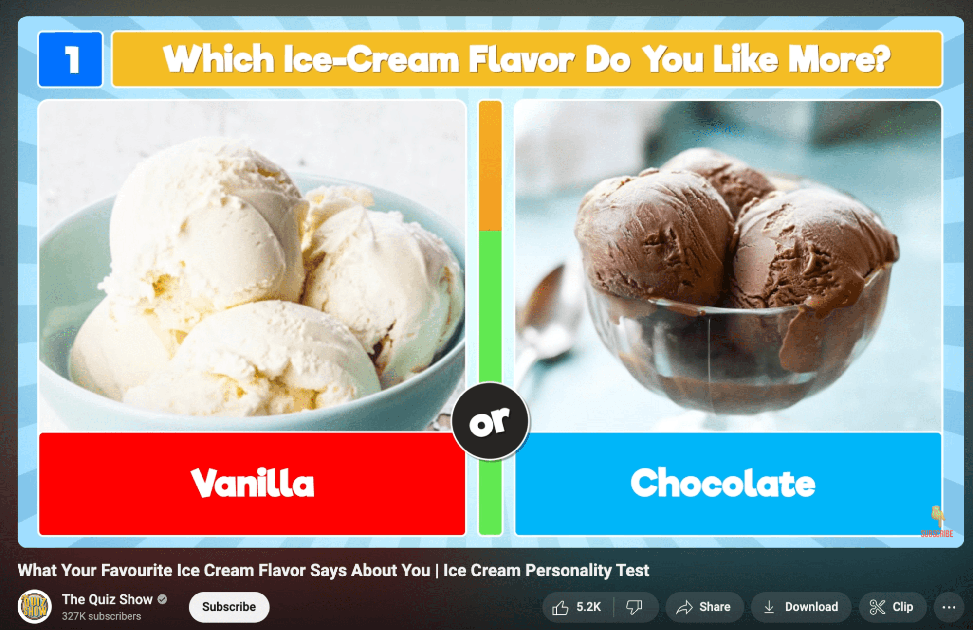 a screenshot of a YouTube video with a quiz of vanilla or chocolate ice cream