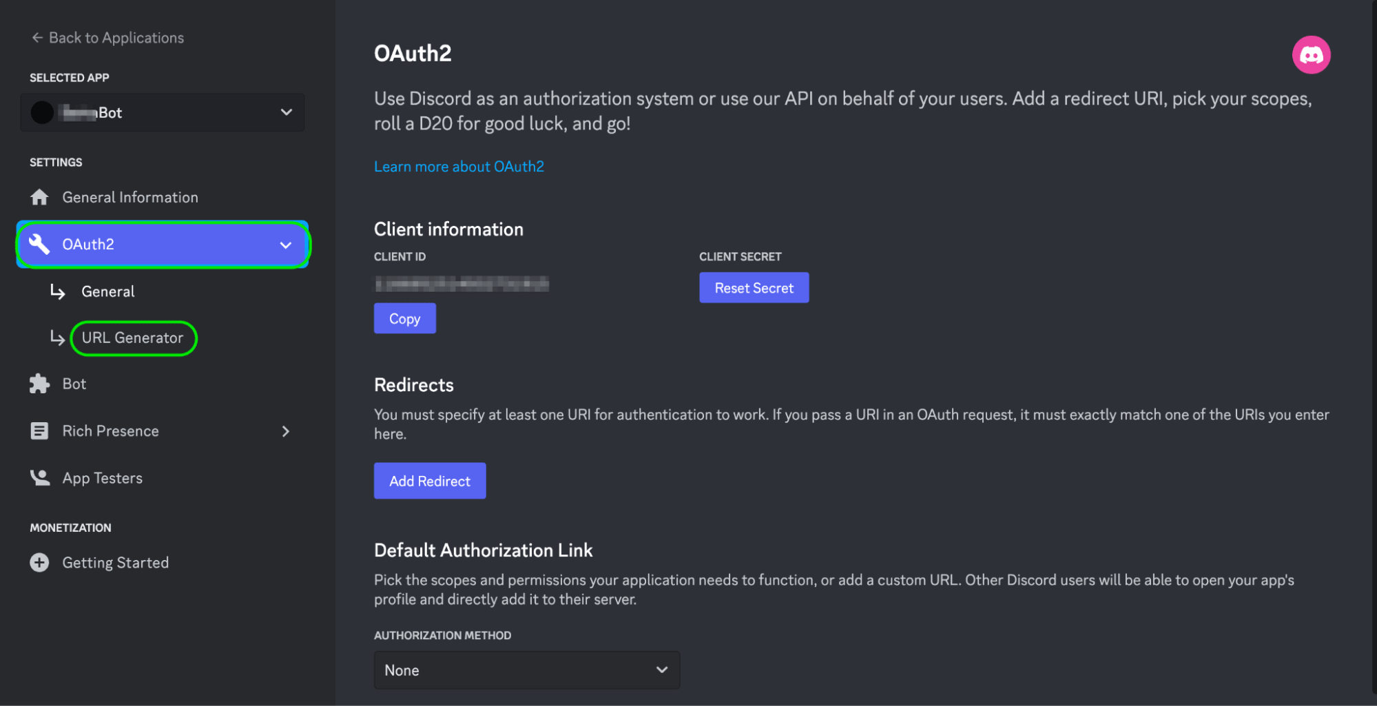 selecting the URL generator in discord