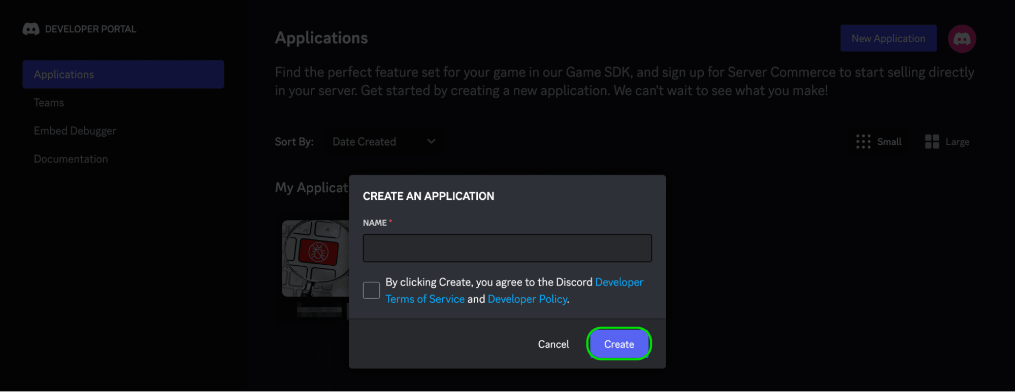 Image of the create an application in Discord