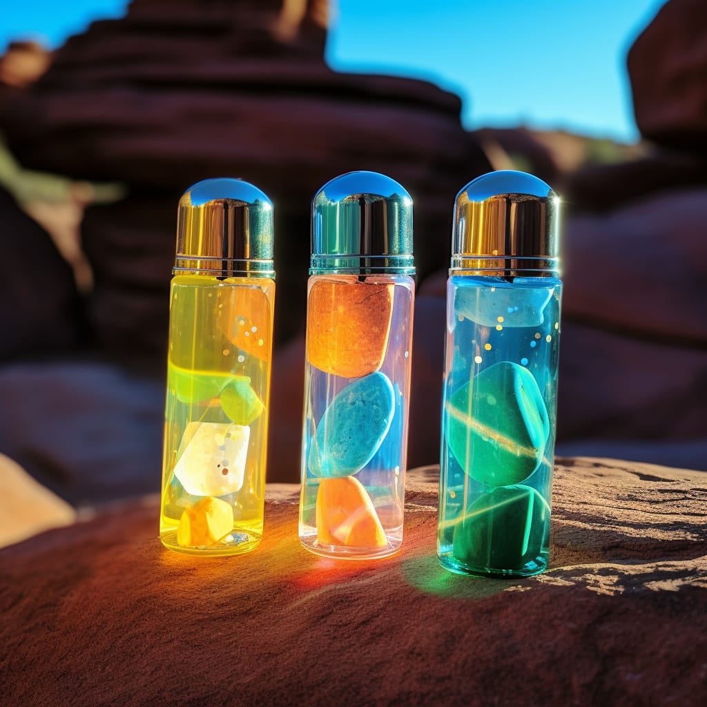 green, yellow on a rock in the middle of dessert dark illuminating, with shampoos, soaps, lying around, sun ray lighting from behind