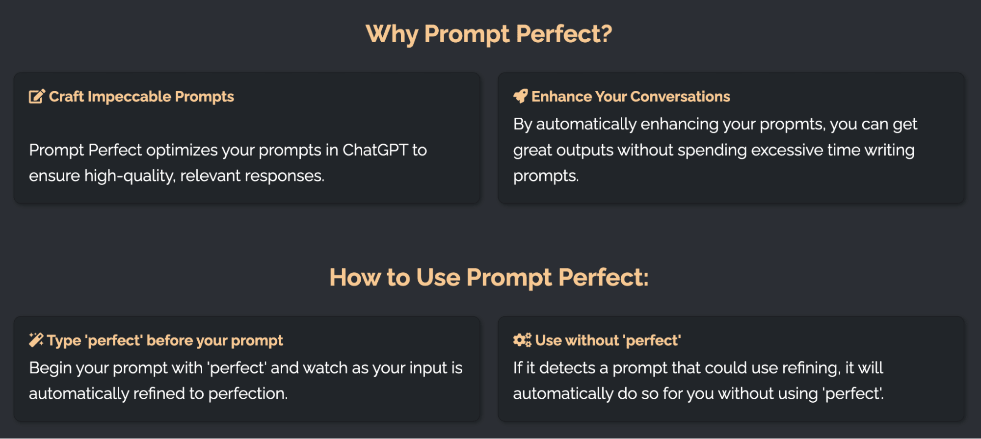 Screenshot of text explaining why users should use Prompt Perfect and how to use Promp Perfect