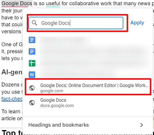searching for a link in google docs