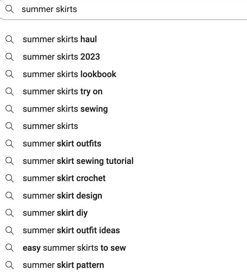 YouTube’s search bar for “summer skirts.”