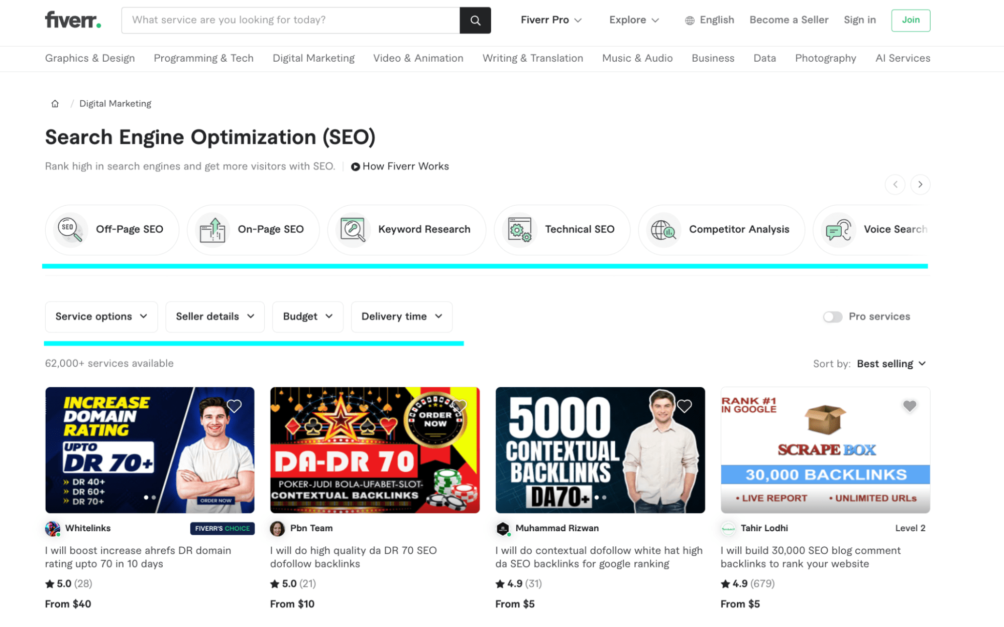 SEO category on Fiverr