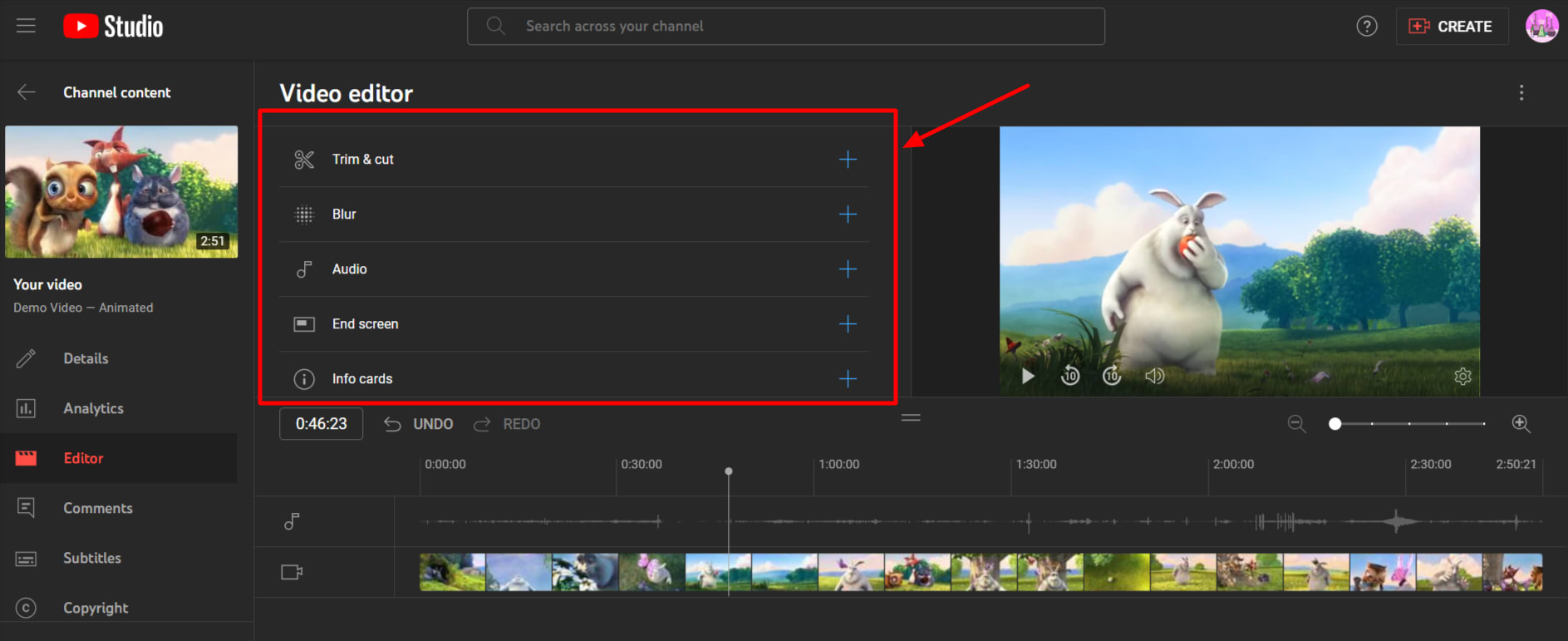 Choose one of five editing options available in YouTube’s editor