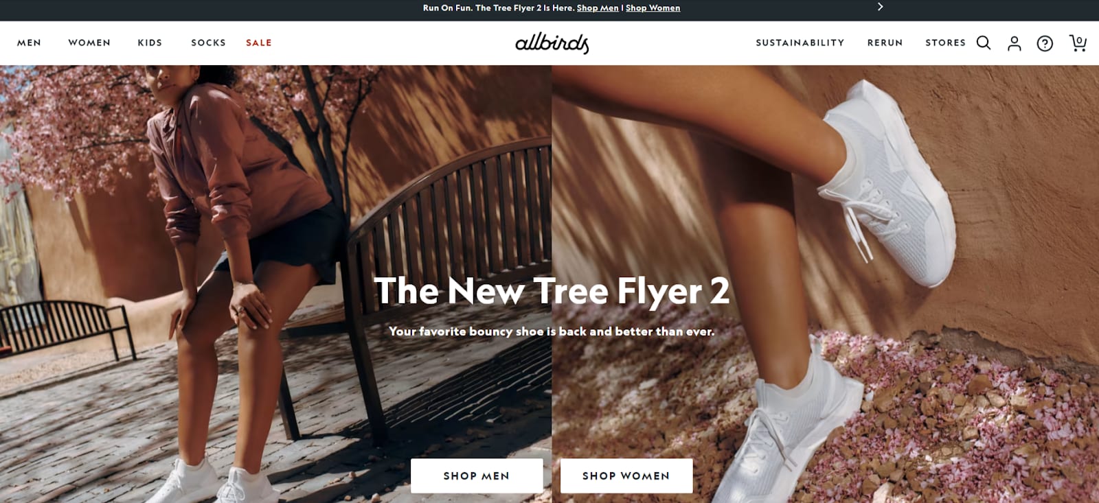 Allbirds, an ecommerce retailer, uses a landing page that redirects visitors to the “Men” or “Women” section of clothing and accessories.