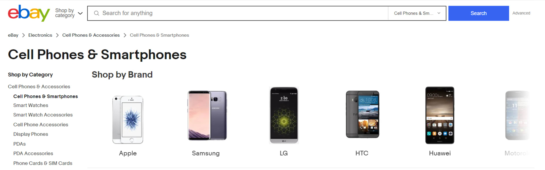 eBay’s marketplace screenshot with cell phone brands for sale