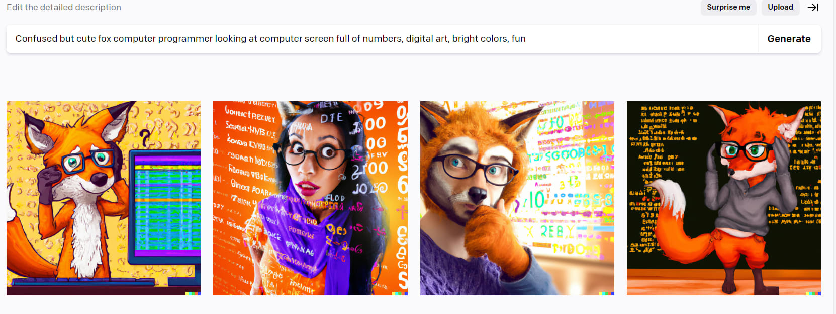 DALL-E 2 generated images of fox at computer