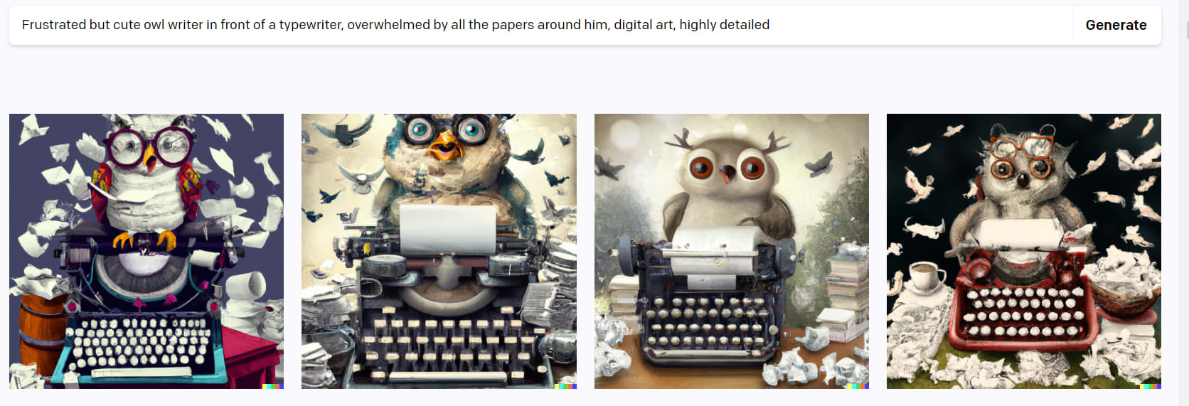 DALL-E 2 images of owl sitting at a typewriter