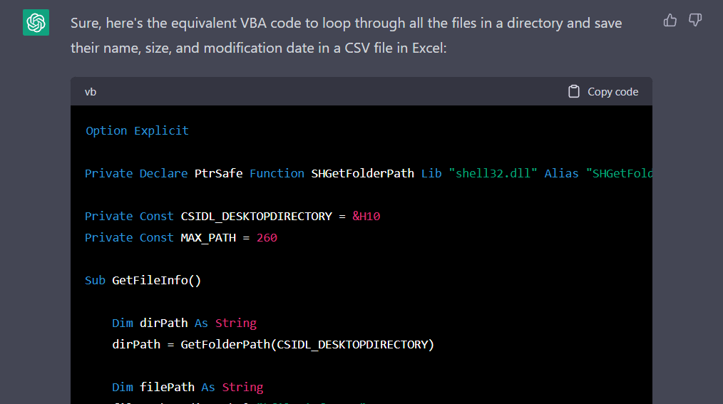 ChatGPT generated perfect VBA code, including Windows API calls