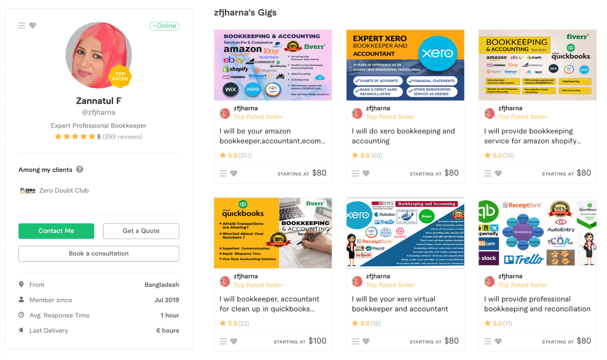 Example of Fiverr Seller @zfjharna offering bookkeeping services