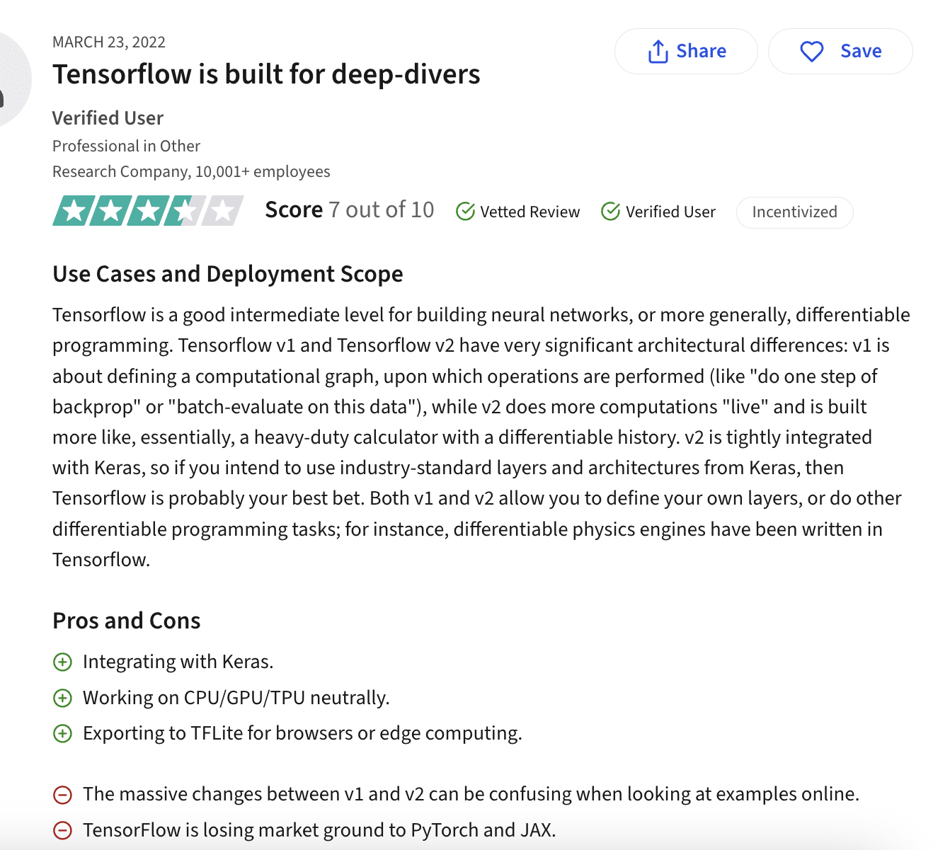 TensorFlow user review on TrustRadius.