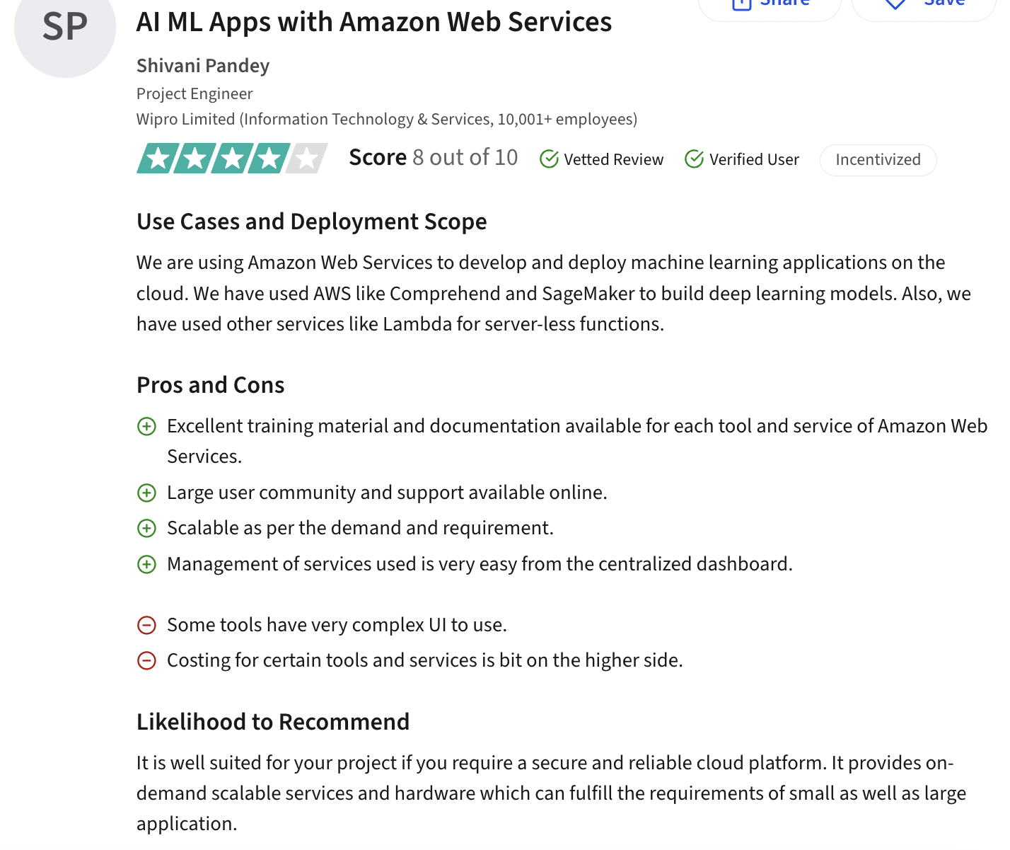 AWS user review on Trustradius.