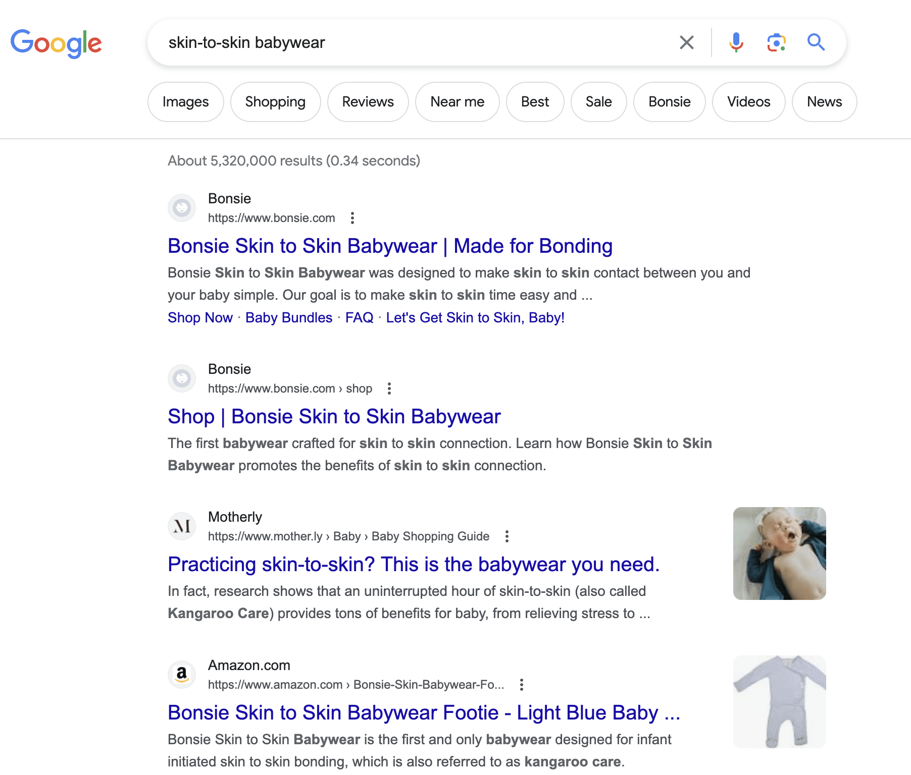Search Engine Page example for keyword skin to skin babywear