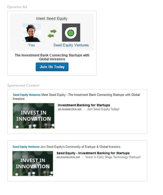 Paid ads that Seed Equity published on LinkedIn.