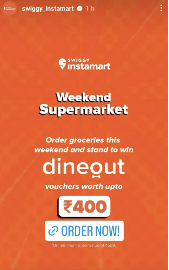 An example of how Swiggy advertises a new promotion for its grocery delivery service. 