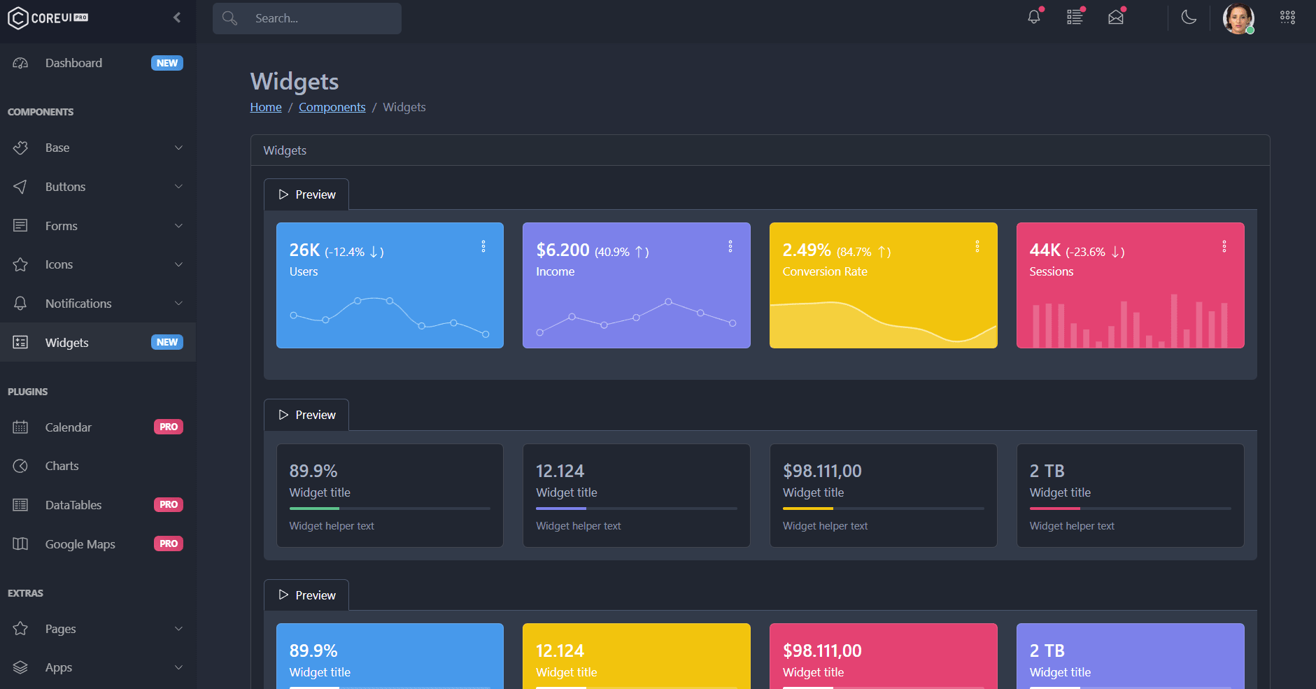 Example of Core UI business dashboard dark theme.