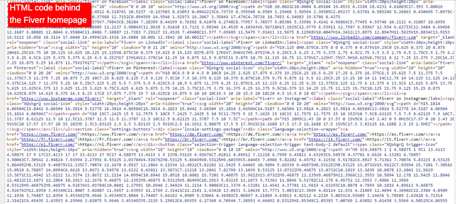 The HTML code behind the Fiverr homepage 
