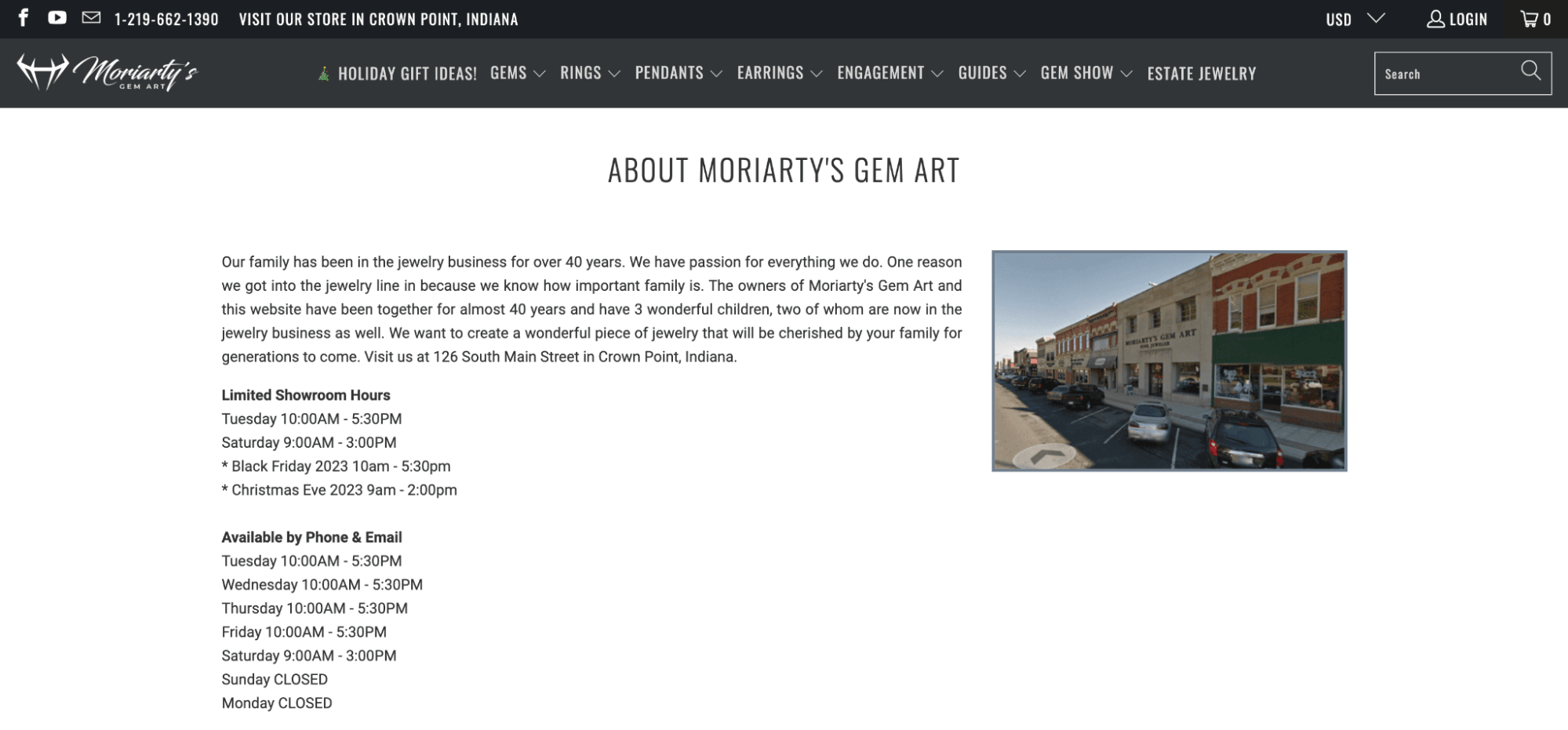 Moriarty’s Gem Art website advertises its digital offerings as well as its physical store. 