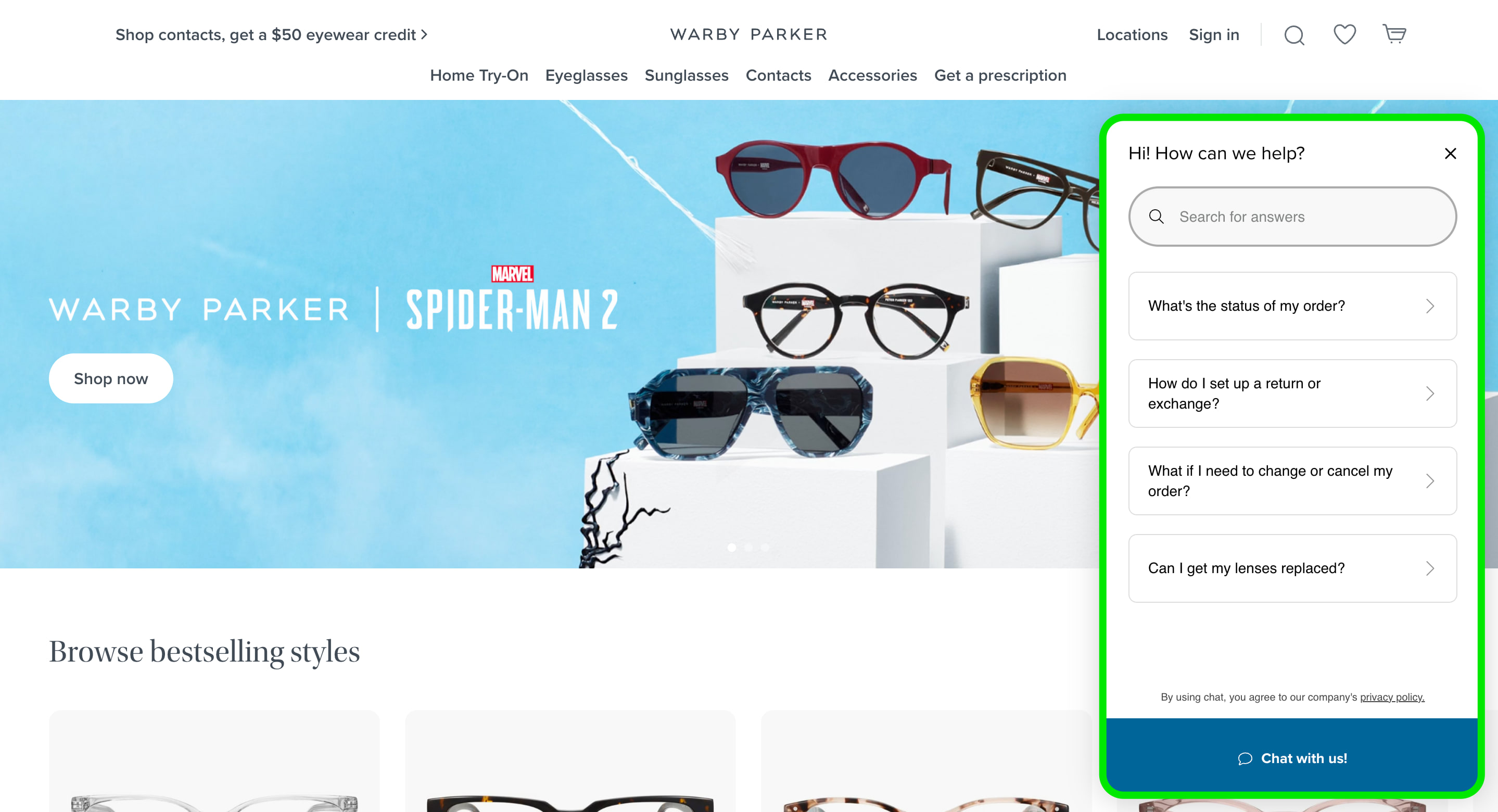 image of warby parkers chatbot