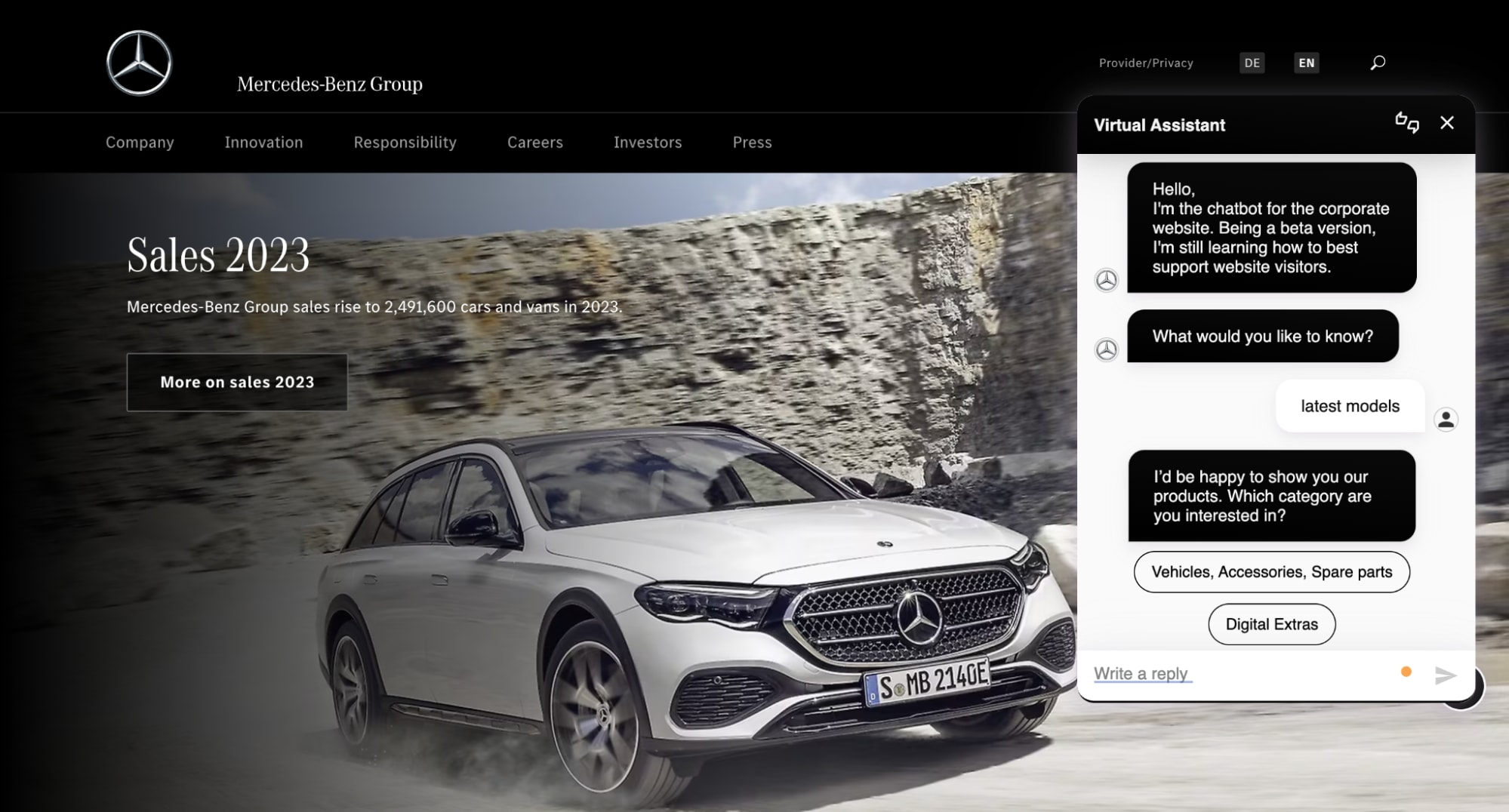 Mercedes Benz chatbot example on website