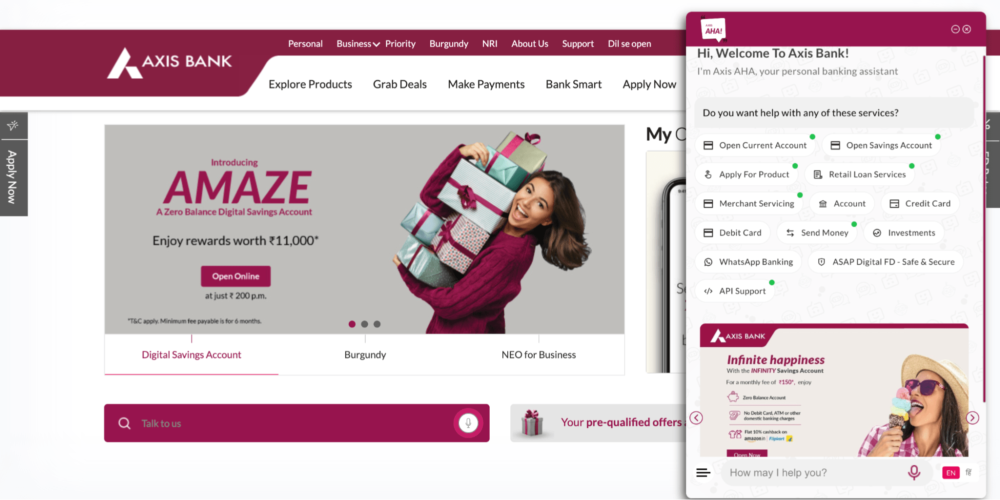 image of Axis Bank's website chatbot