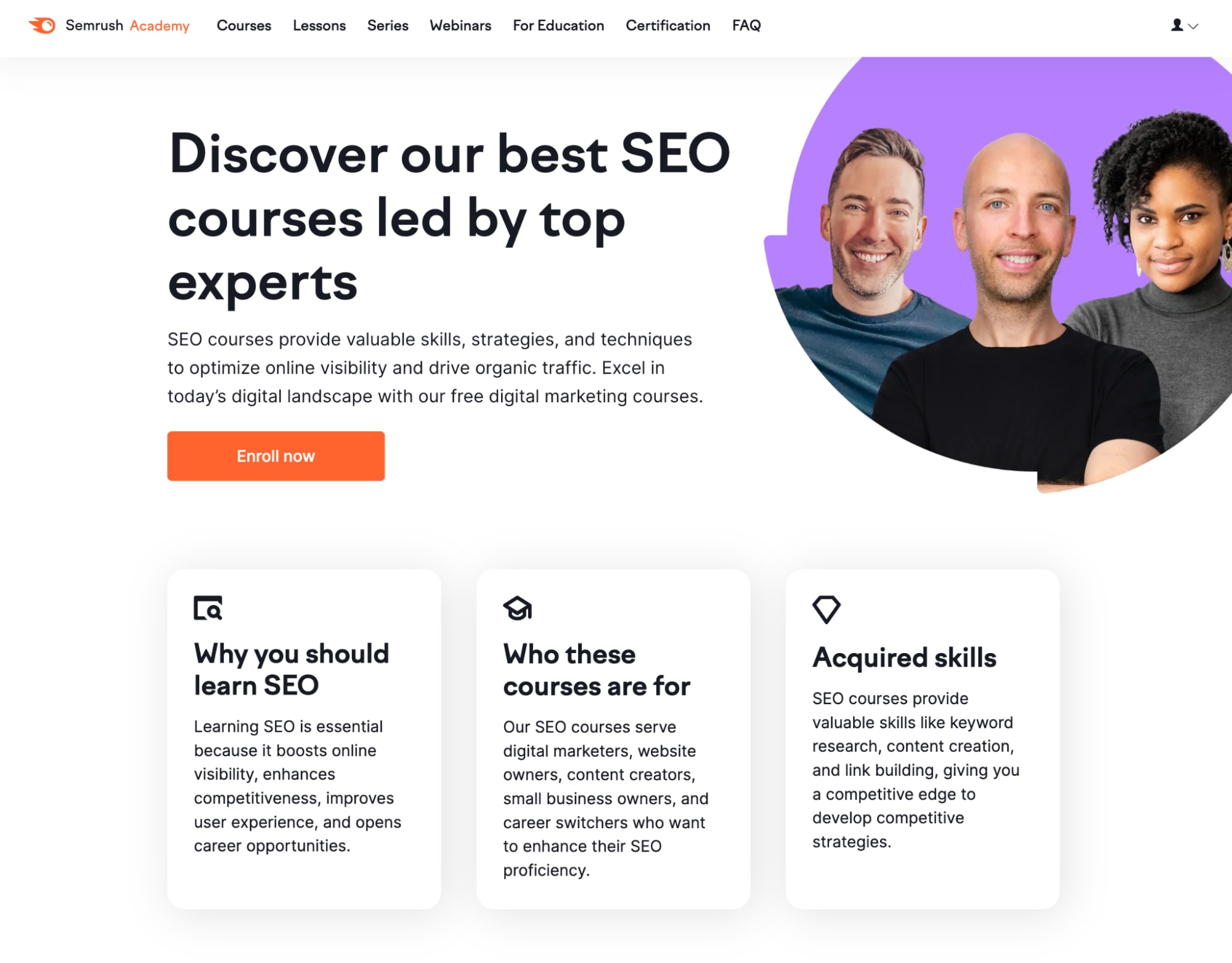 landing page for Semrush Academy to learn SEO