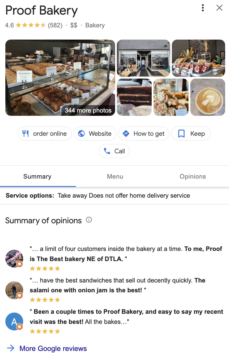 Reviews shown on Google Maps for Proof Bakery in Glendale, CA