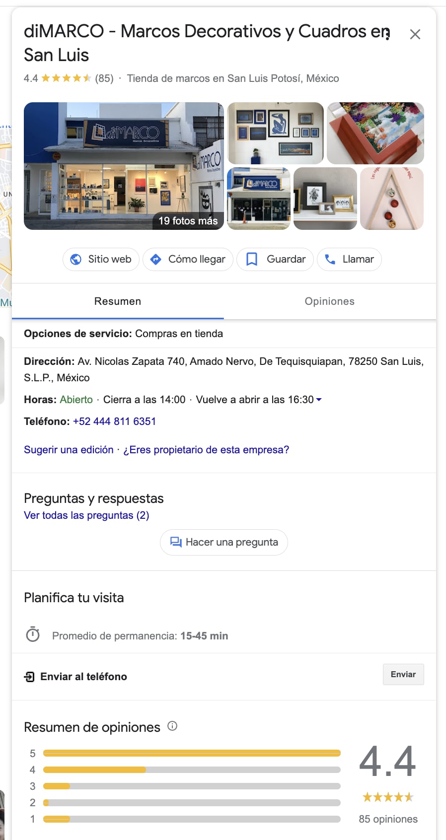 Google Business Profile example from Mexican frame shop, DiMarco