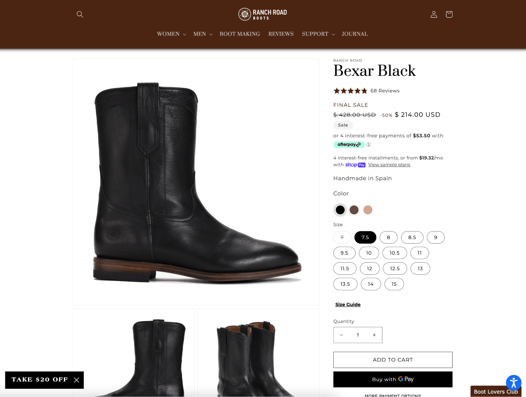 Example of excellent product page by Ranch Road Boots