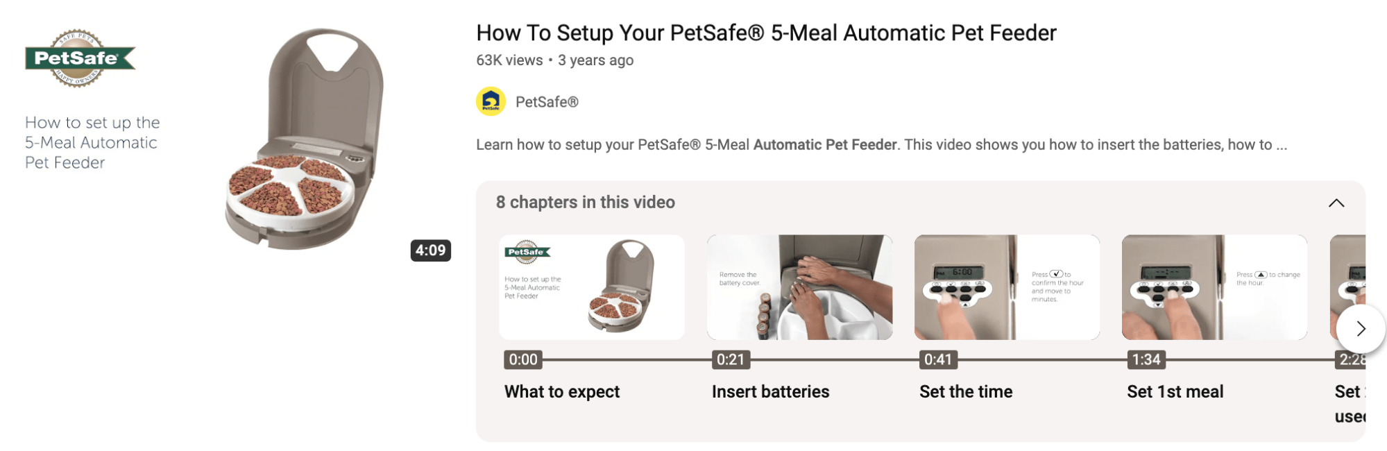 Example of a tutorial video from PetSafe on their automatic pet feeder product.