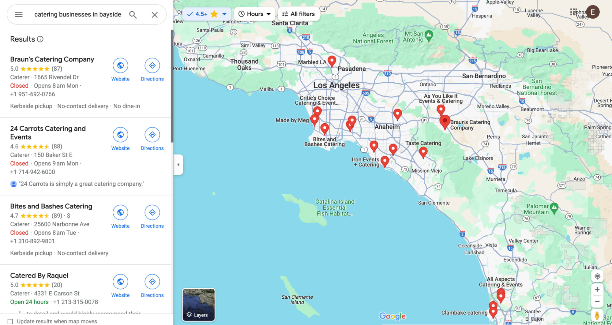 image of Google Maps showing local catering businesses