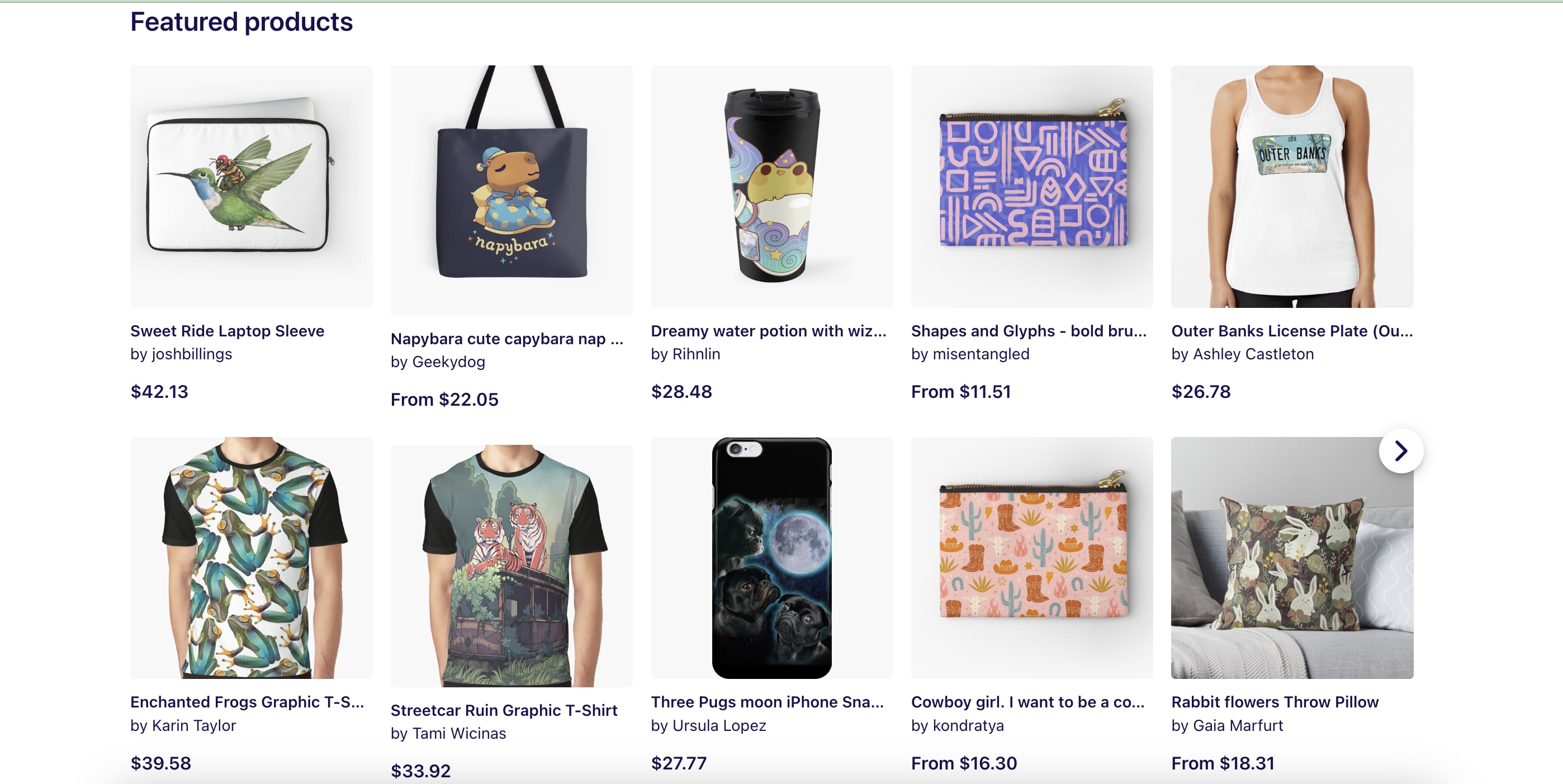 Featured products on Redbubble, designed by users