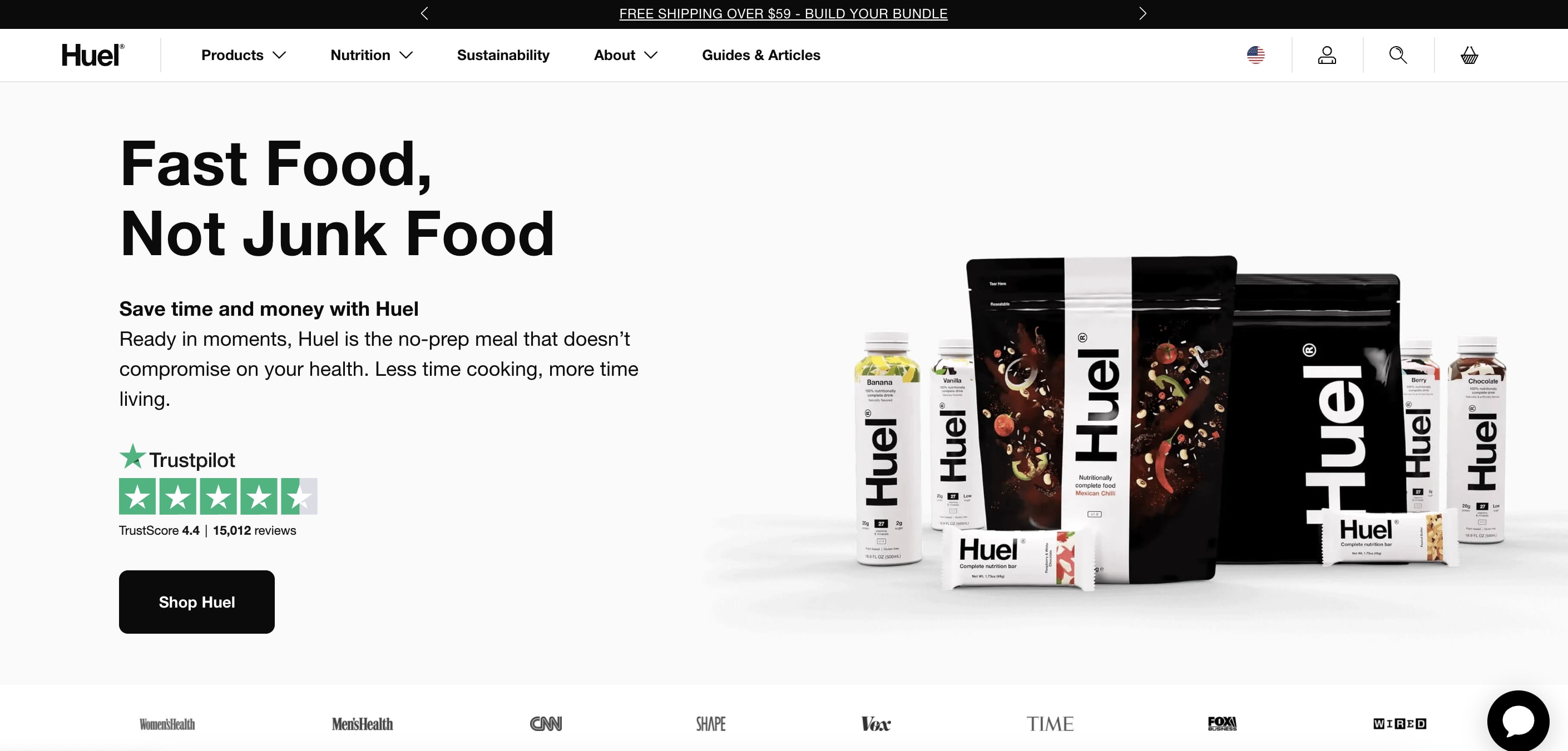 Huel, a health ecommerce business homepage