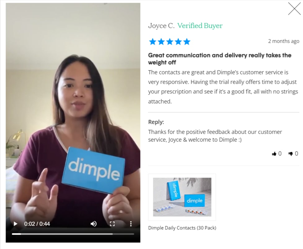 Dimple Contacts published a dedicated testimonials page with video and text testimonials from verified buyers.