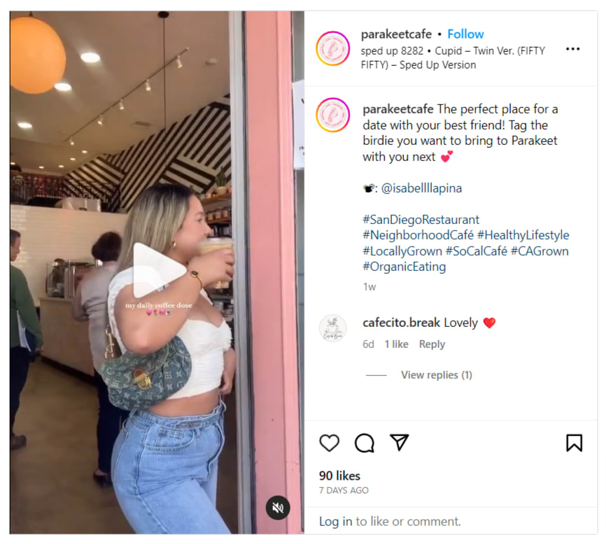 An example of a UGC video that one of Parakeet Cafe’s customer created.