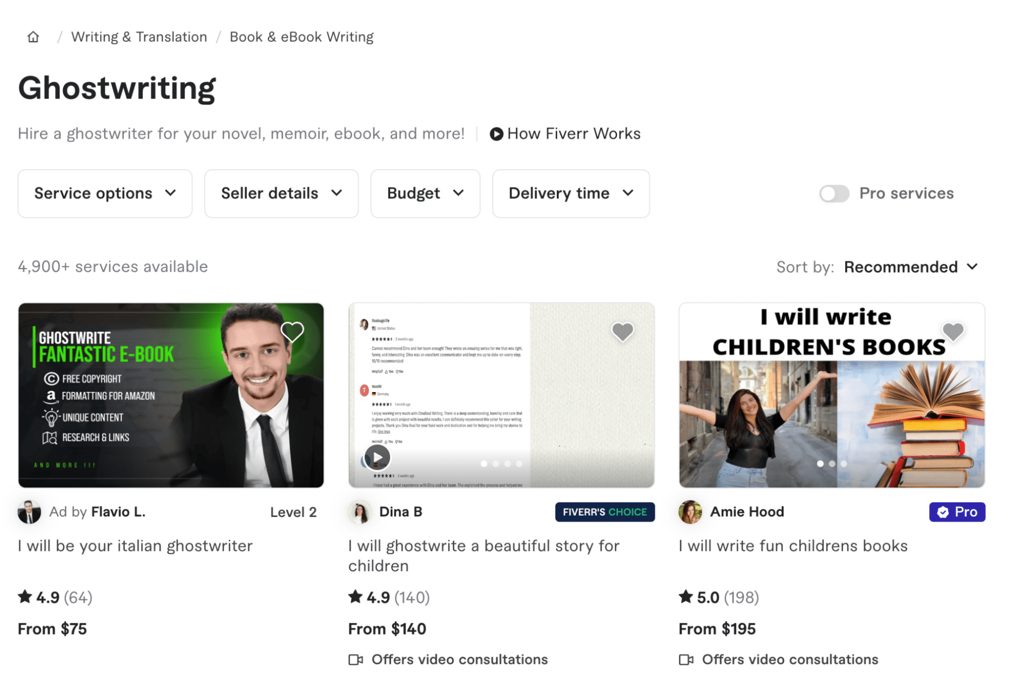 The Ghostwriting category page on Fiverr 