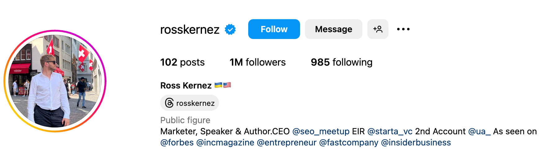 Ross Kernez's Instagram profile showing follower count and bio including marketer and author.