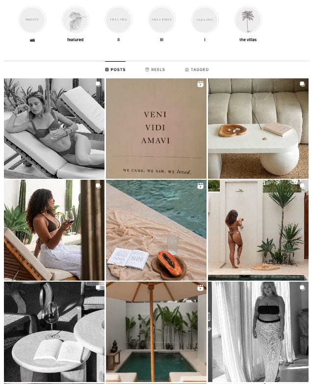 Instagram grid featuring lifestyle and travel photos with minimalist aesthetic