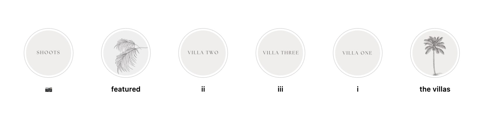 Instagram highlights with categories such as Shoots, Villas, and Featured.