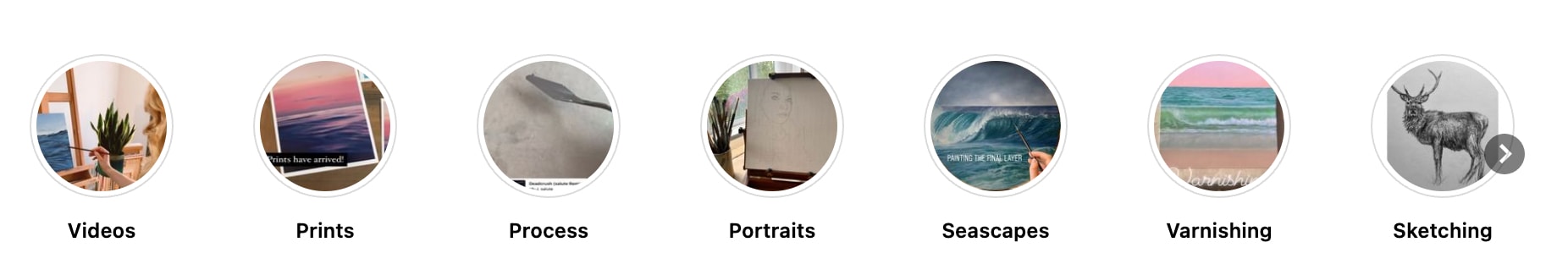 nstagram highlights with categories like Videos, Prints, Process, Portraits, Seascapes.