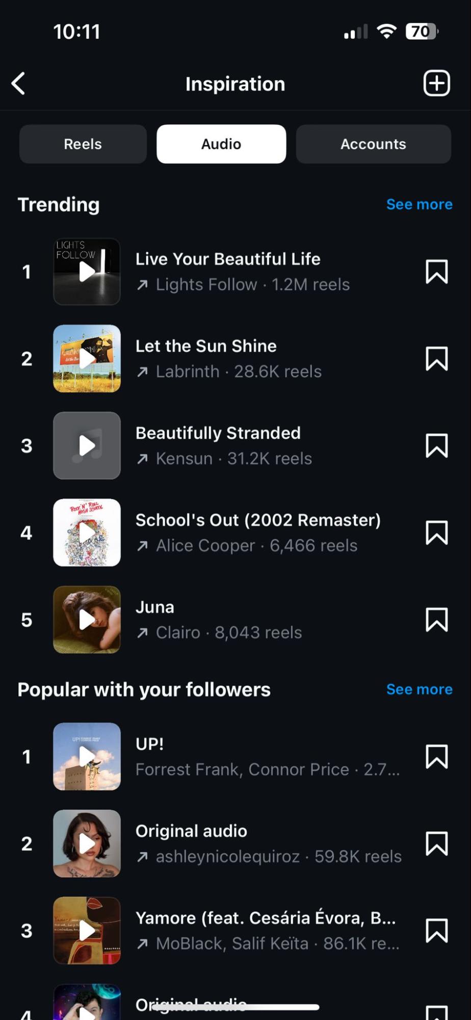 Instagram audio inspiration screen showing trending and popular music tracks for reels.