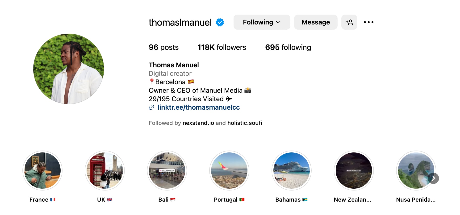 Thomas Manuel's Instagram profile showing follower count and bio with travel achievements.