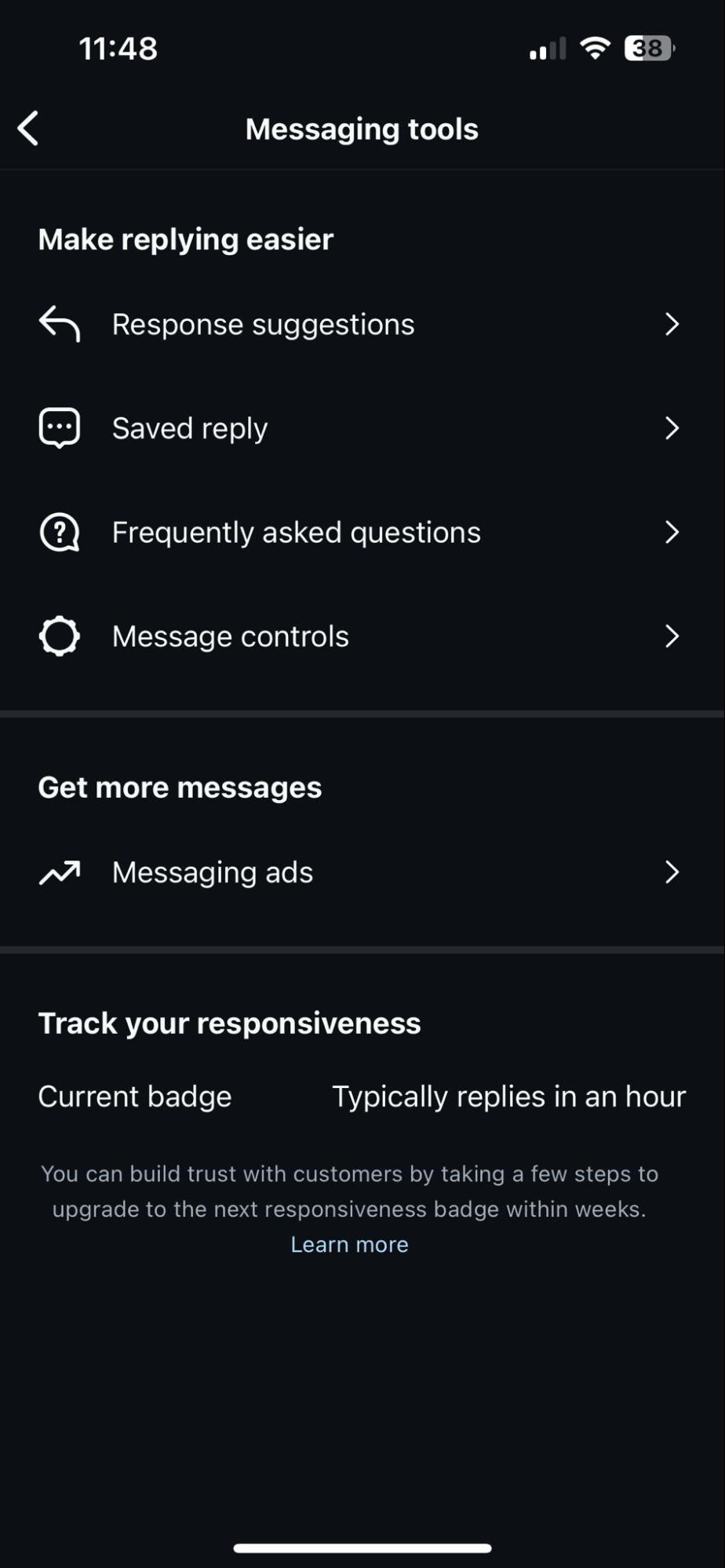 Instagram messaging tools interface with options for response suggestions and message controls.