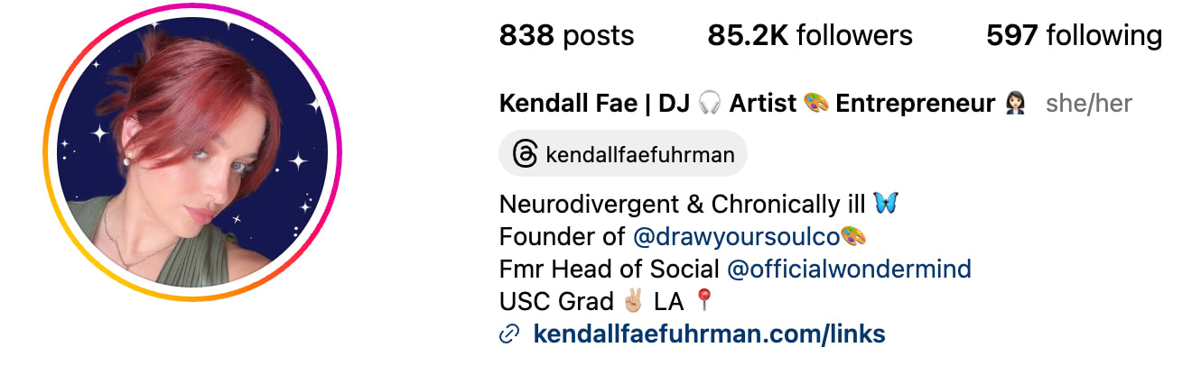 Kendall Fae's Instagram profile showing follower count and bio including artist and entrepreneur.