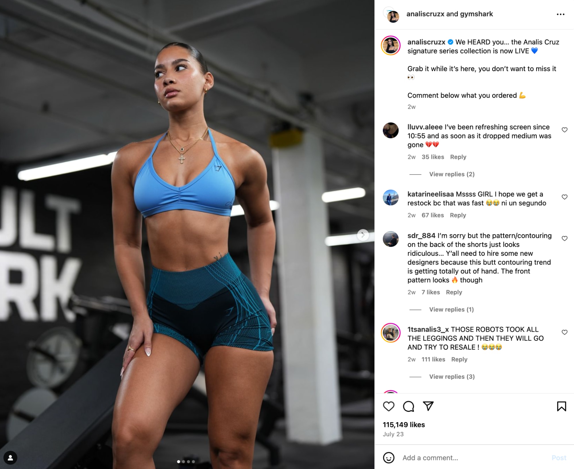 Analis Cruz's Instagram post promoting Gymshark with comments and engagement.