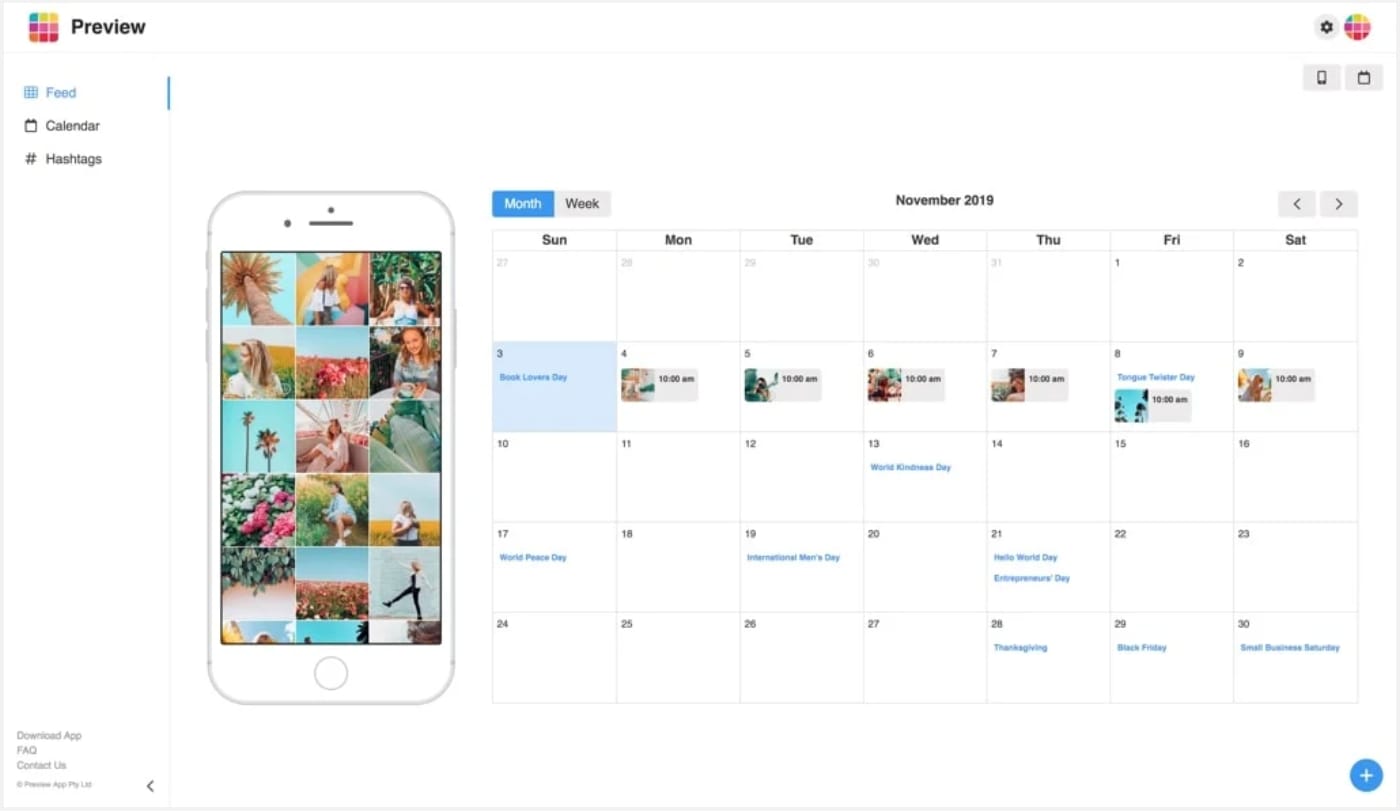 Social media planner app preview with calendar and Instagram feed layout on a mobile device.