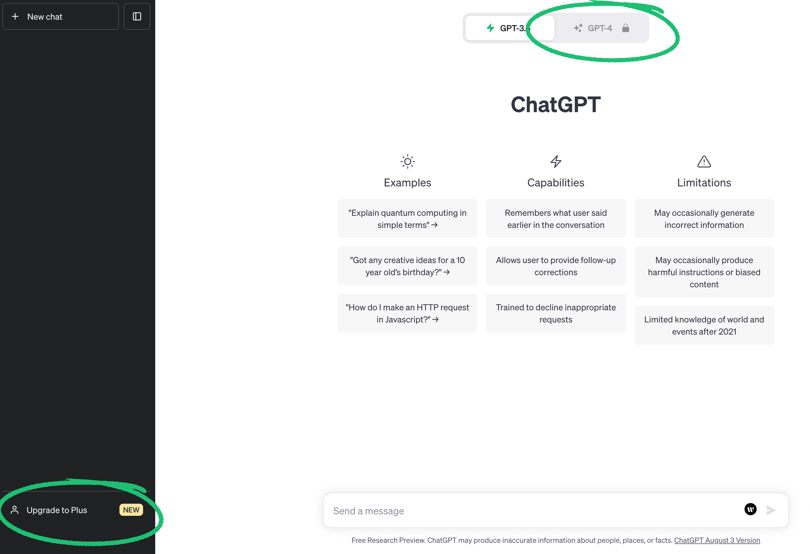 Screenshot example showing users how to upgrade to ChatGPT plus